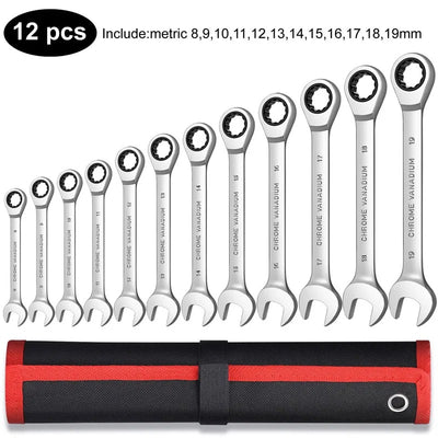 Set of 12 IRONVOLT ratchet spanner wrenches arranged on a workbench, showcasing various sizes and ergonomic handles.