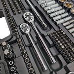 IRONVOLT 218-piece tool set including screwdrivers, pliers, wrenches, and bits arranged in a sturdy plastic case.