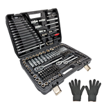 IRONVOLT 218-piece tool set with screwdrivers, wrenches, pliers, and sockets arranged neatly in a sturdy storage case.