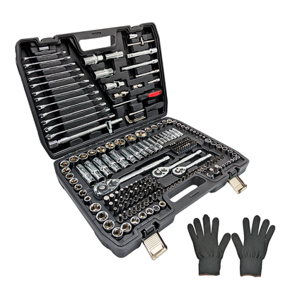 IRONVOLT 218-piece tool set with screwdrivers, wrenches, pliers, and sockets arranged neatly in a sturdy storage case.