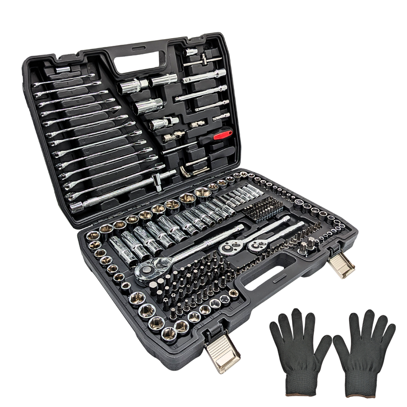 IRONVOLT 218-piece tool set with screwdrivers, wrenches, pliers, and sockets arranged neatly in a sturdy storage case.