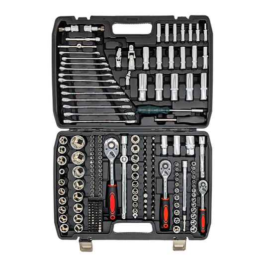 IRONVOLT 172-piece tool set with various screwdrivers, wrenches, and pliers arranged neatly on a white background.