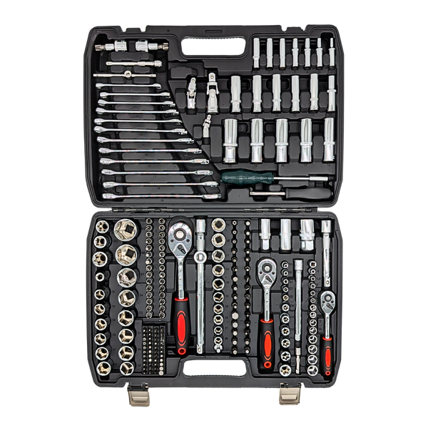 IRONVOLT 172-piece tool set with various screwdrivers, wrenches, and pliers arranged neatly on a white background.