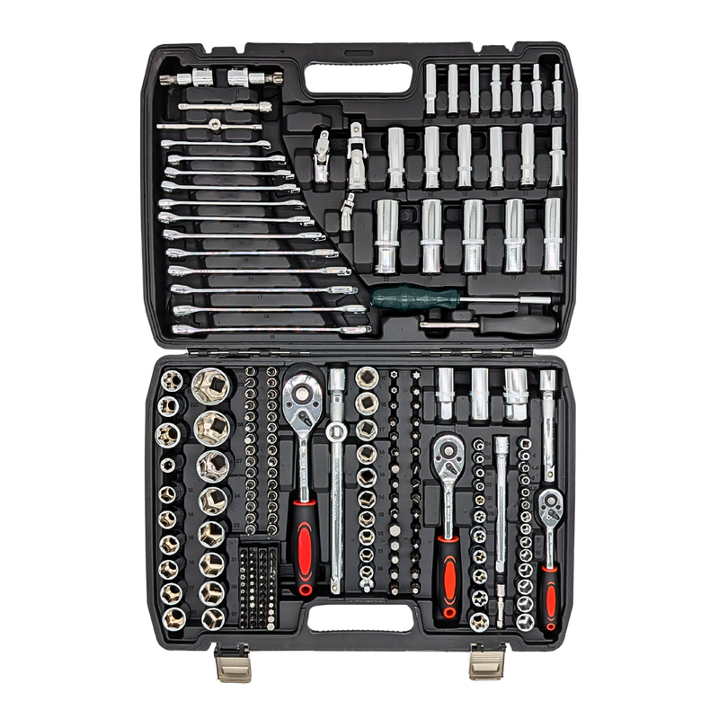 IRONVOLT 172-piece tool set with various screwdrivers, wrenches, and pliers arranged neatly on a white background.