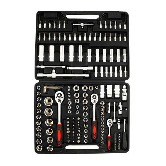 IRONVOLT 172-piece tool set with screwdrivers, wrenches, and pliers displayed on a workbench, ideal for home and professional repairs.