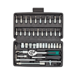 Set of IRONVOLT 46-piece tool set with screwdrivers, pliers, wrenches, and bits arranged on a workbench.