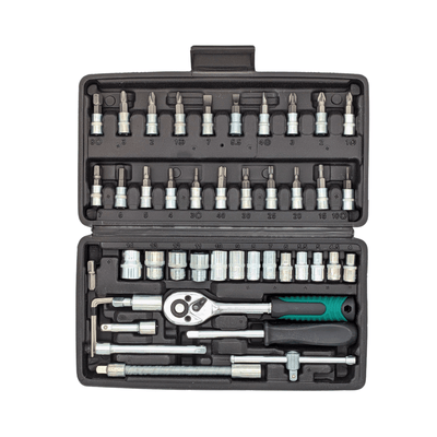 Set of IRONVOLT 46-piece tool set with screwdrivers, pliers, wrenches, and bits arranged on a workbench.