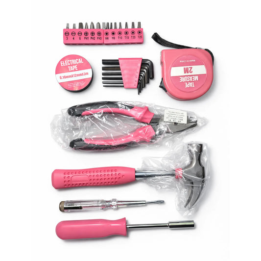 IRONVOLT pink 24-piece small tool kit for girls, featuring colorful screwdrivers, pliers, and accessories for young DIY enthusiasts.