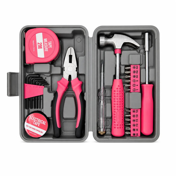 Pink IRONVOLT 24-piece small girls' tool kit with various tools and accessories for young DIY enthusiasts.