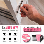 IRONVOLT 24-piece pink small tool kit for girls, featuring colorful screwdrivers, wrenches, and accessories for young DIY enthusiasts.