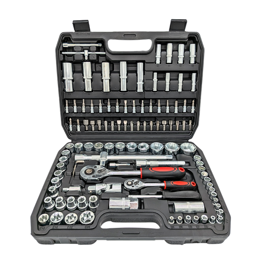 IRONVOLT 108-piece tool set with various hand tools including wrenches, screwdrivers, and pliers arranged in a organized case.