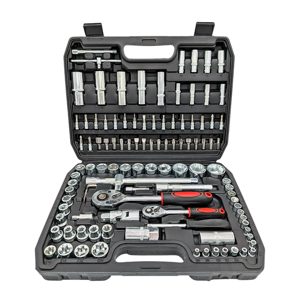 IRONVOLT 108-piece tool set with various hand tools including wrenches, screwdrivers, and pliers arranged in a organized case.