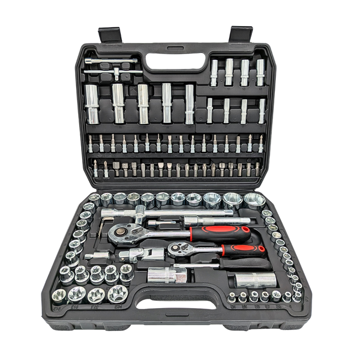 IRONVOLT 108-piece tool set with various hand tools including wrenches, screwdrivers, and pliers arranged in a organized case.