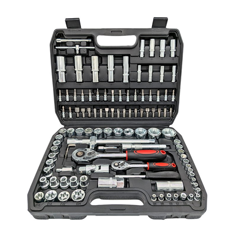 IRONVOLT 108-piece tool set with various hand tools including wrenches, screwdrivers, and pliers arranged in a organized case.