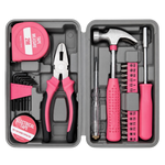 24-piece IRONVOLT pink tool kit with various hand tools and accessories, neatly organized in a compact storage case.