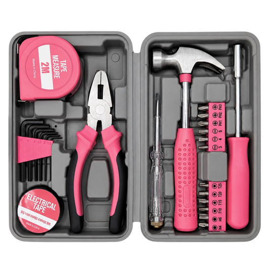 24-piece IRONVOLT pink tool kit with various hand tools and accessories, neatly organized in a compact storage case.