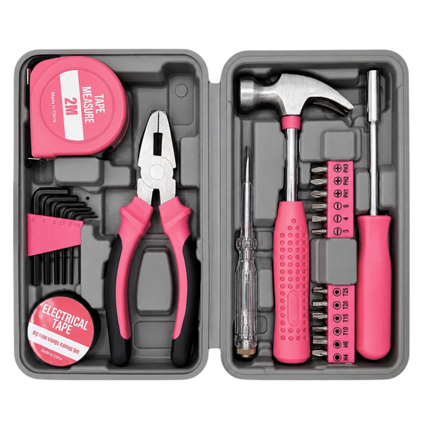 24-piece IRONVOLT pink tool kit with various hand tools and accessories, neatly organized in a compact storage case.