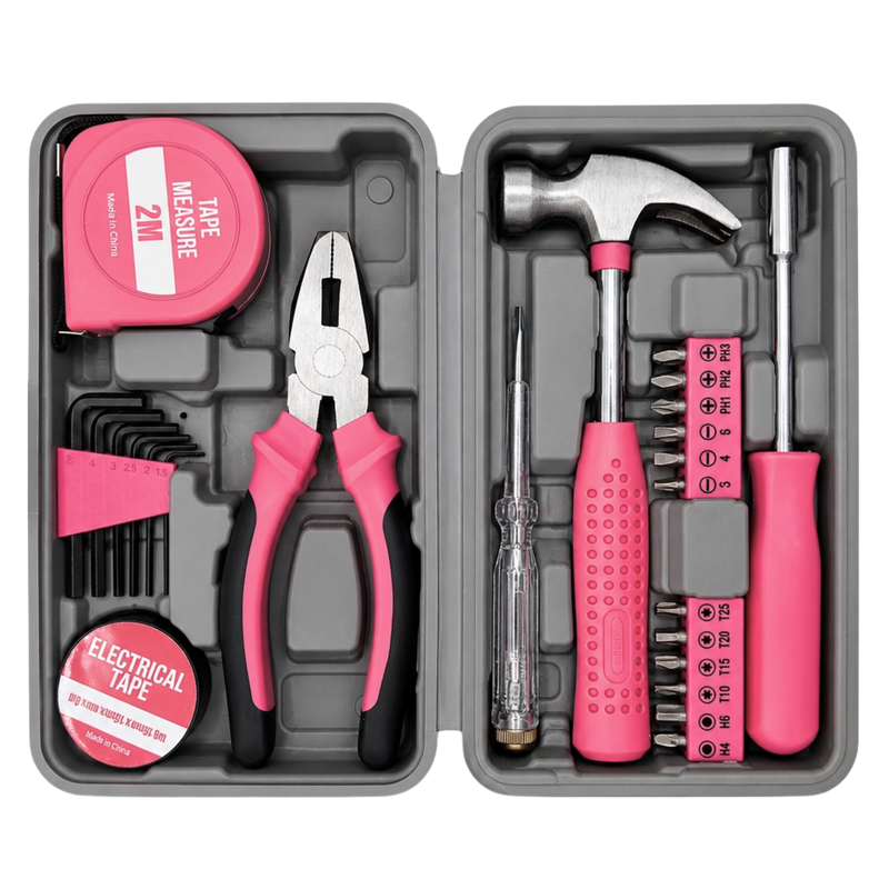 24-piece IRONVOLT pink tool kit with various hand tools and accessories, neatly organized in a compact storage case.