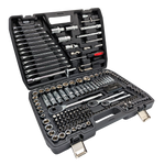 IRONVOLT 218-piece tool set with screwdrivers, wrenches, pliers, and sockets arranged in a sturdy case for home and professional use.