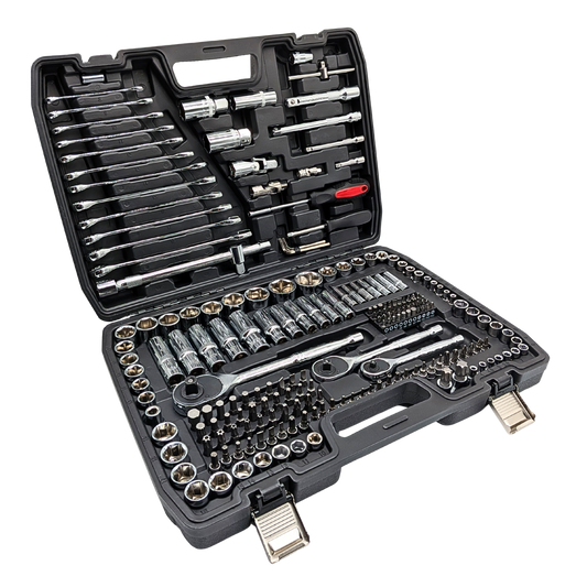IRONVOLT 218-piece tool set with screwdrivers, wrenches, pliers, and sockets arranged in a sturdy case for home and professional use.