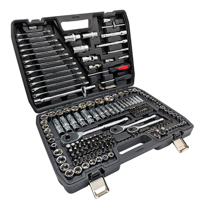 IRONVOLT 218-piece tool set with screwdrivers, wrenches, pliers, and sockets arranged in a sturdy case for home and professional use.