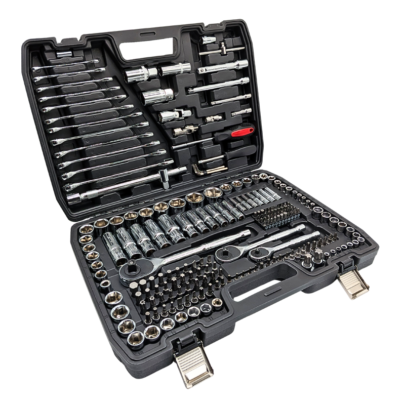 IRONVOLT 218-piece tool set with screwdrivers, wrenches, pliers, and sockets arranged in a sturdy case for home and professional use.