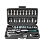 IRONVOLT 46-piece tool set with screwdrivers, wrenches, pliers, and bits arranged on a workbench for home and professional use.