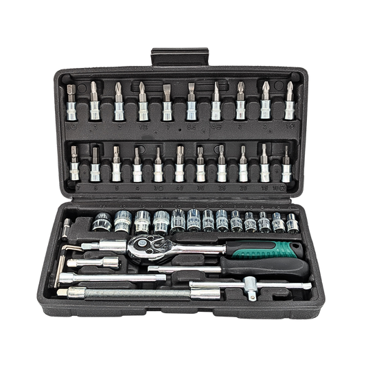 IRONVOLT 46-piece tool set with screwdrivers, wrenches, pliers, and bits arranged on a workbench for home and professional use.