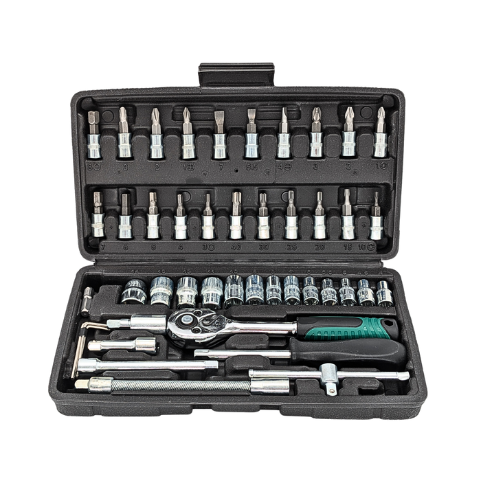 IRONVOLT 46-piece tool set with screwdrivers, wrenches, pliers, and bits arranged on a workbench for home and professional use.