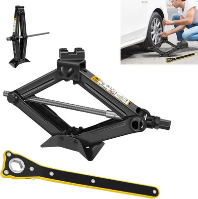 IRONVOLT car scissor jack with ratchet spanner for lifting vehicles, shown with the jack and spanner in a ready-to-use setup.