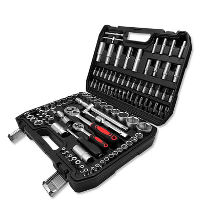 IRONVOLT 108-piece tool set with pliers, screwdrivers, wrenches, and more, displayed with organized tools on a workbench.